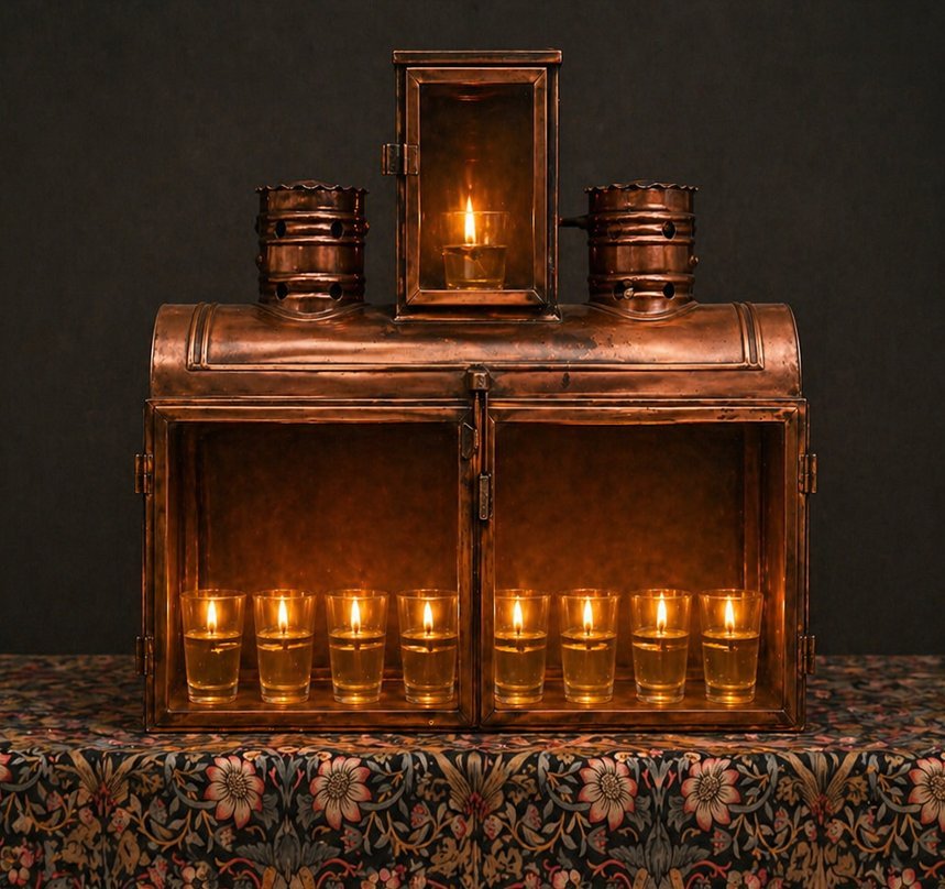 A copper Hanukkah lamp on a William Morris cloth