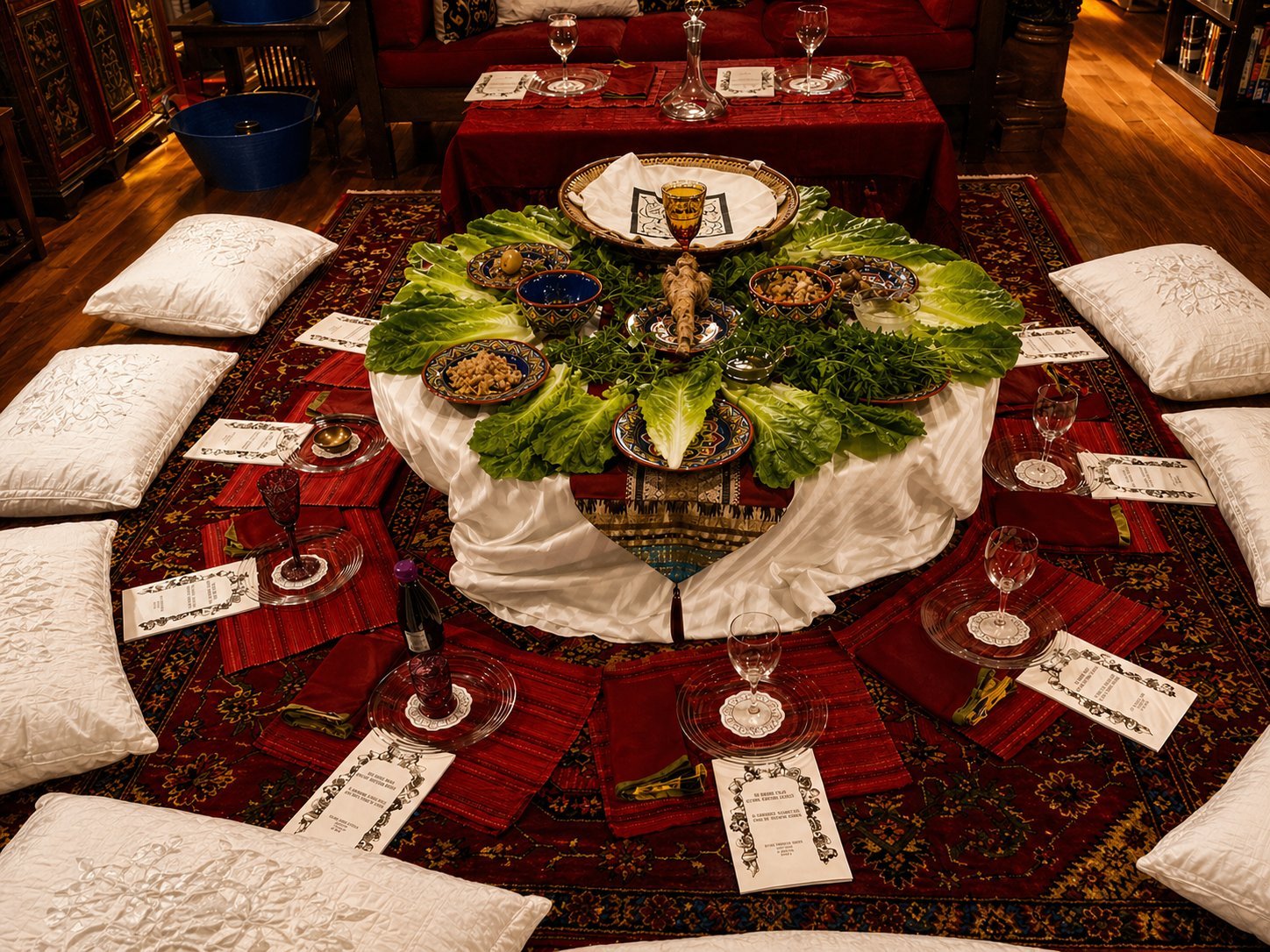 A Passover seder table set with cushions